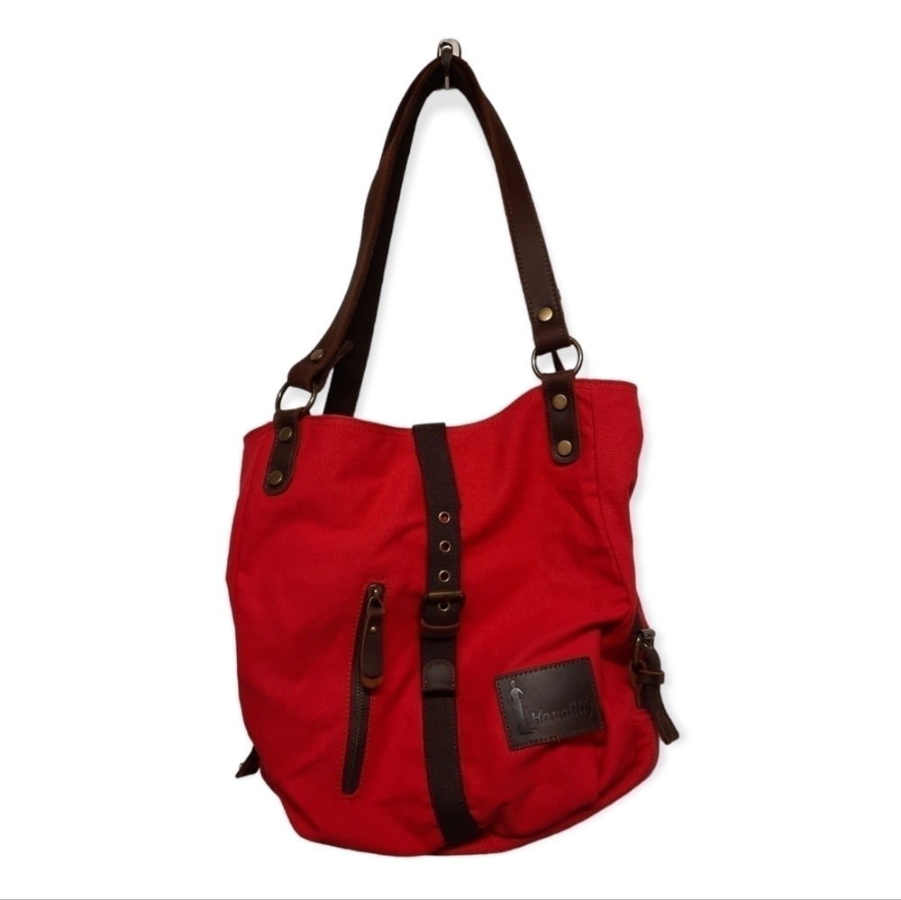 Red Shoulder Bag with Brown Accents